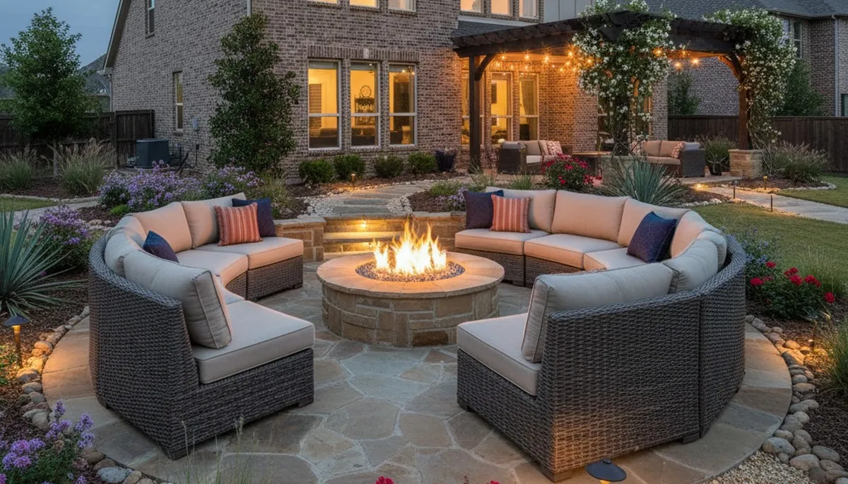 Custom fire pit patio with seating and paver landscaping in Arlington, TX backyard