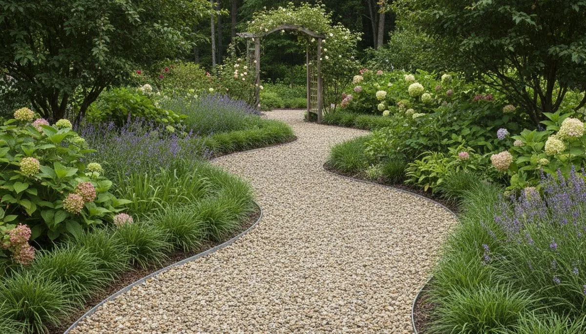 Pea gravel garden pathway with clean edging by Chop Chop Landscaping in Arlington, TX