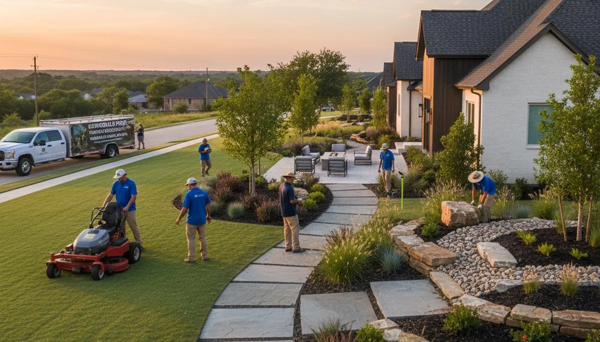 Landscaping service in Arlington, TX improving a residential yard with professional lawn care and maintenance