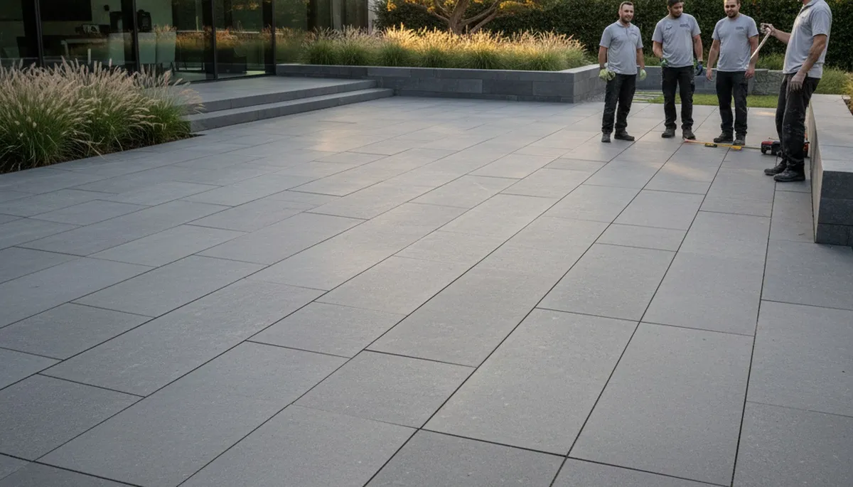 Modern large stone slab paver installation by Chop Chop Landscaping in Arlington, TX