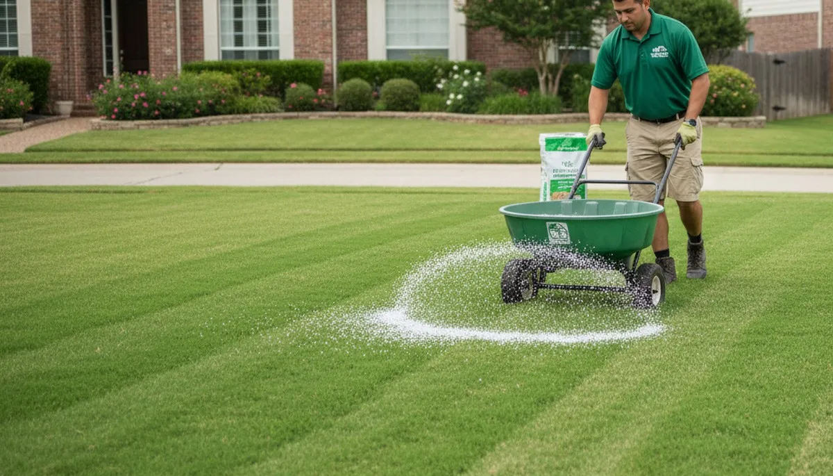 Lawn care technician spreading fertilizer evenly on residential turf in Arlington, TX